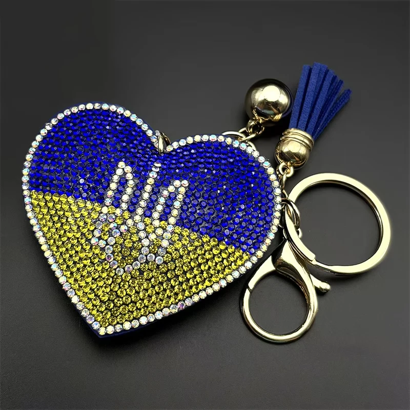 Ukraine National Emblem Flag Heart Shaped Pendant Key Chain for Women Men Gold Color Stainless Steel Trident Ukrainian Jewlery