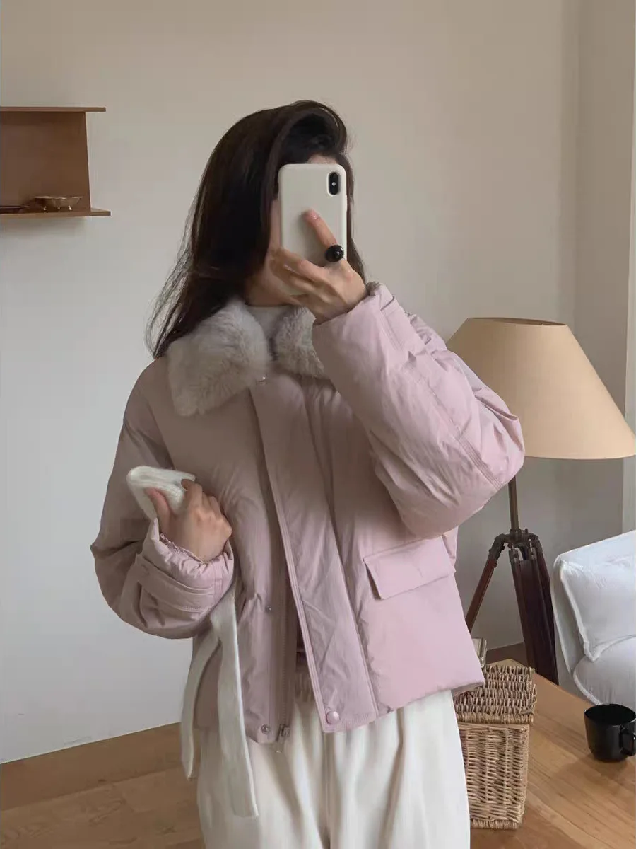 

Женская теплая свободная куртка-пуховик с отстегивающимся меховым воротником, однотонная, на молнии, для зимы