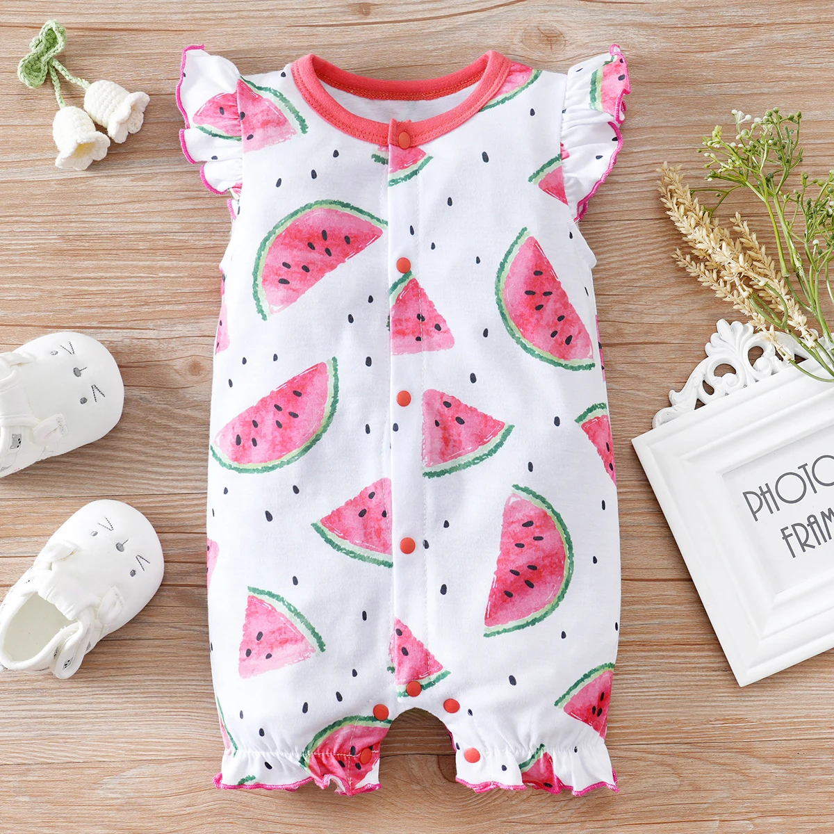 IURNXB Watermelon Floral Baby Girls Bodysuit Soft O-Neck Newborn Onesie Casual Cap Sleeve Infant Romper Summer 0-18M