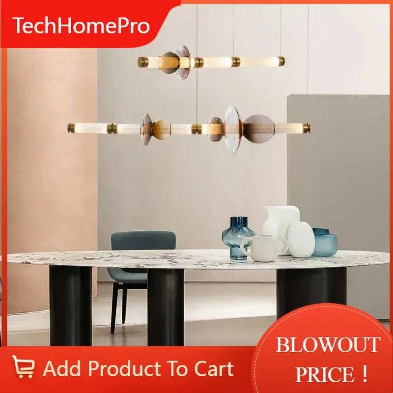 TechHPNordic Long Dining Kitchen Island Chandelier Stained Glass Strip LED Indoor House Decor Hanging Pendant Lamp Lighting Fixt