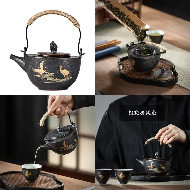 

【CHIMU HOME】Silver Spot Loop-handled Japanese Stoneware Ceramic Kung Fu Set Pot with Stainless Steel