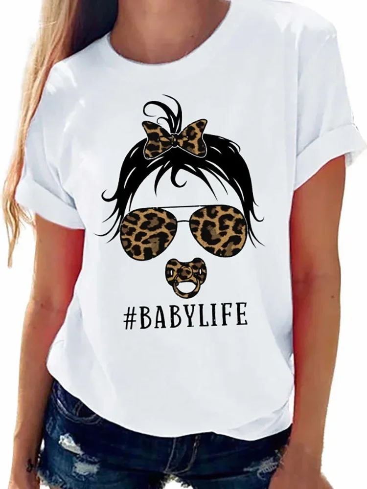 Women\'s T-shirt Leopard MOM Life Printed T shirt femme Tops Short Sleeve Harajuku Summer Oversized Tshirt Ladies Tees Clothes