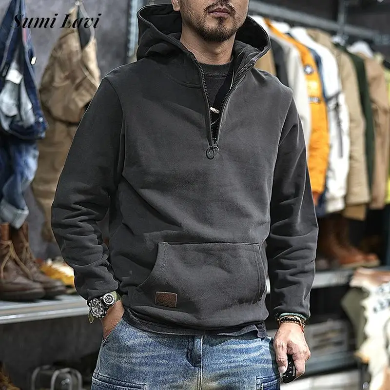 

Trendy Mens Solid Color Fleece Liner Hoodies Vintage Pockets Zipper Hooded Sweatshirts 2025 Spring Casual Men Hoodie Streetwear