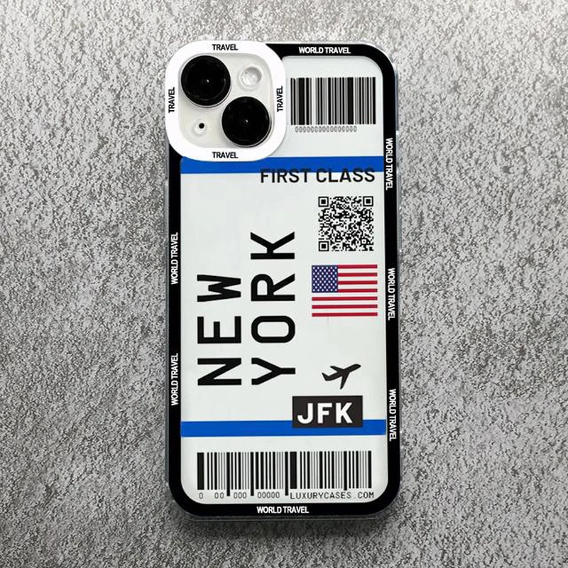 World City Travel Ticket Phone Case For iPhone 16 15 14 13 12 11 Pro Max XS X XR 7 8 Plus Mini SE New York Paris Label Funda