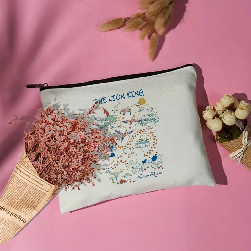 Bolsa de maquillaje con estampado de León, bolsa de lona para fanáticos del Rey, mapa de la tierra, regalo, estuche de cosméticos, amantes del reino mágico