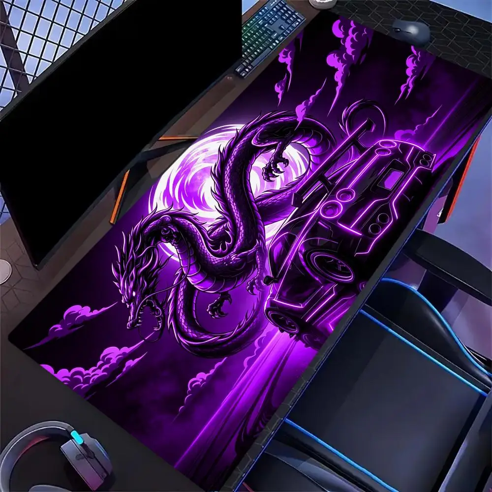 Neon Oriental Dragon Extended Gaming Mouse Pad Non Slip Desk Surface Mystic Cloud Creature Print For Gaming And Daily Use