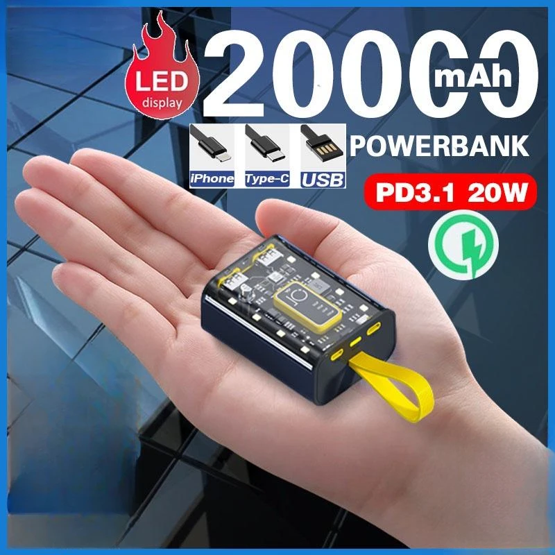 

20000mAh mini power bank: large capacity, fast charging, transparent design, built-in cable—great for on-the-go!