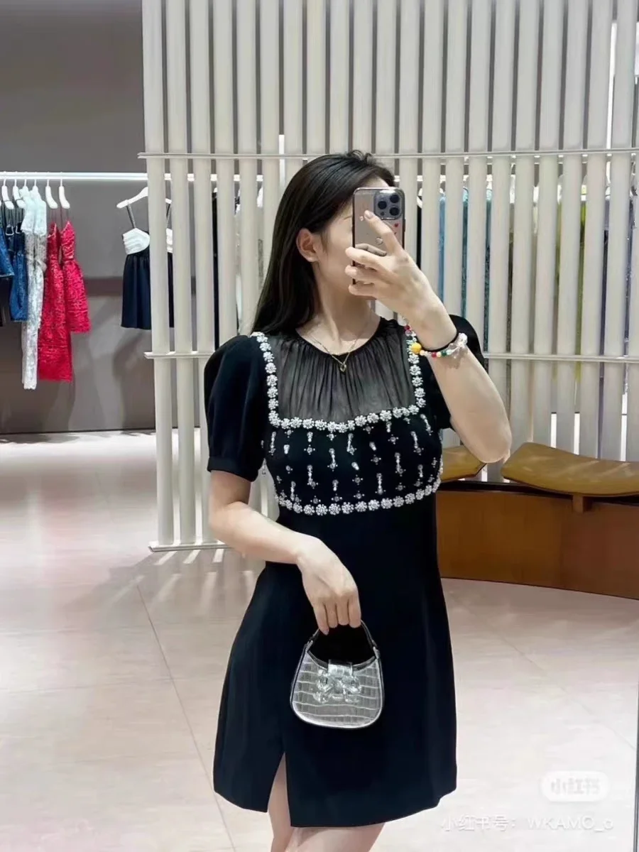 Women sheer Lace Diamond Mini Dress Short Sleeve fashion black dress summer dress