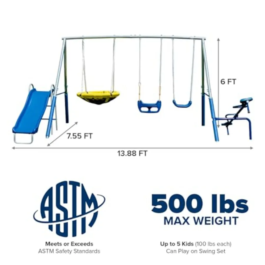 Metal Swing Set: Blow Molded Standing Swing, Teeter Totter, Saucer Swing+5' Wavy Slide, Standards*4pc Anchor Kit*