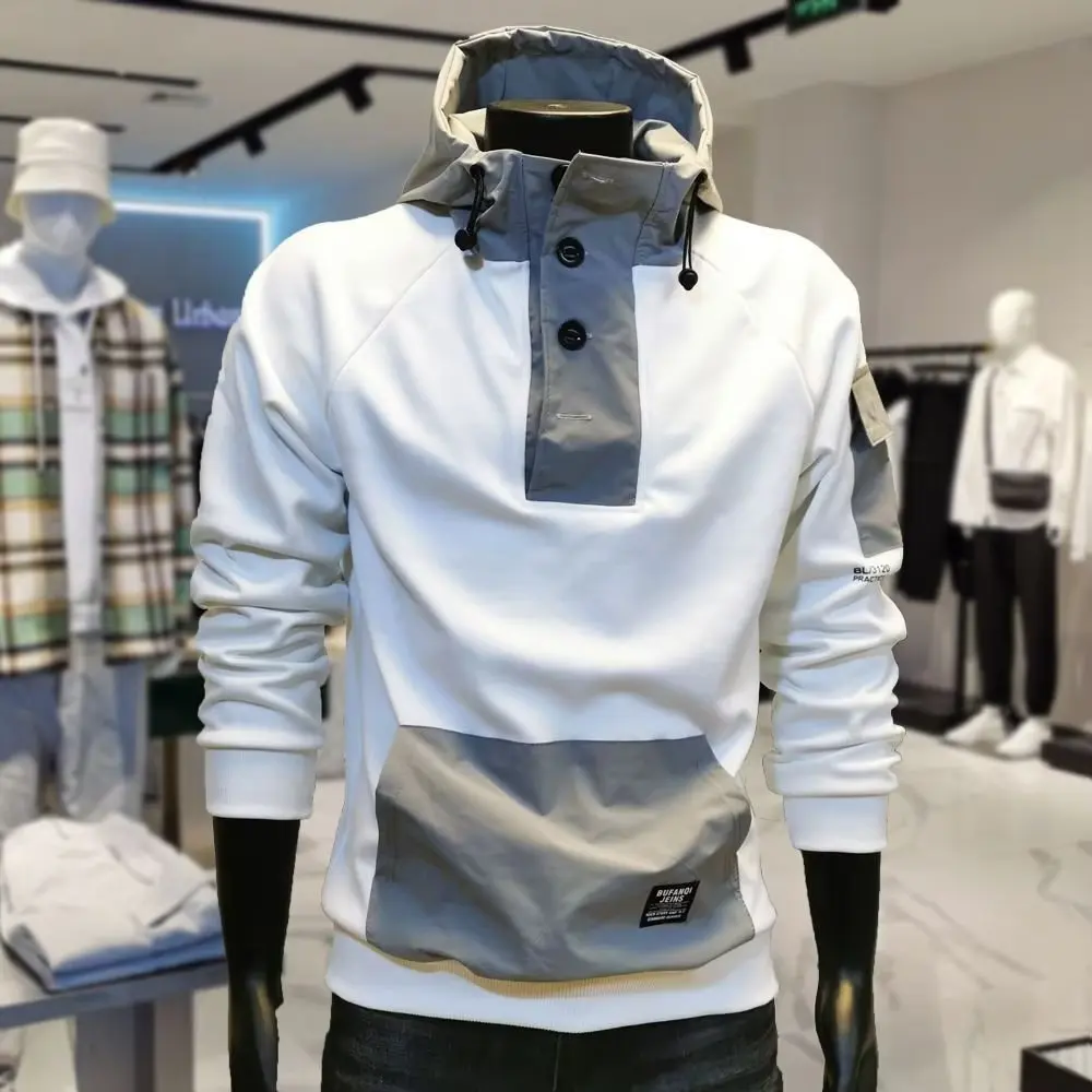 Y2K Autumn New Trendyol Mens Pocket Patchwork White Hoodies Fashion Men Basketball Sport Hoodie Cotton Cargo Tracksuit Techwear