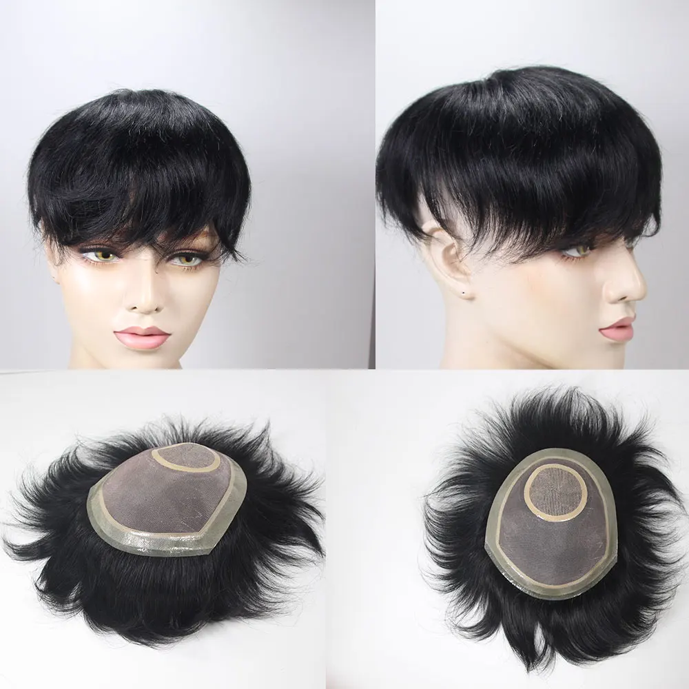 15x17 سنتيمتر الشعر المستعار الإنسان غرامة قاعدة الحرير أحادية مع بو الشعر المستعار # 1B 5 بوصة للرجال وحدة أنظمة الاستبدال شعر مستعار لآسيا