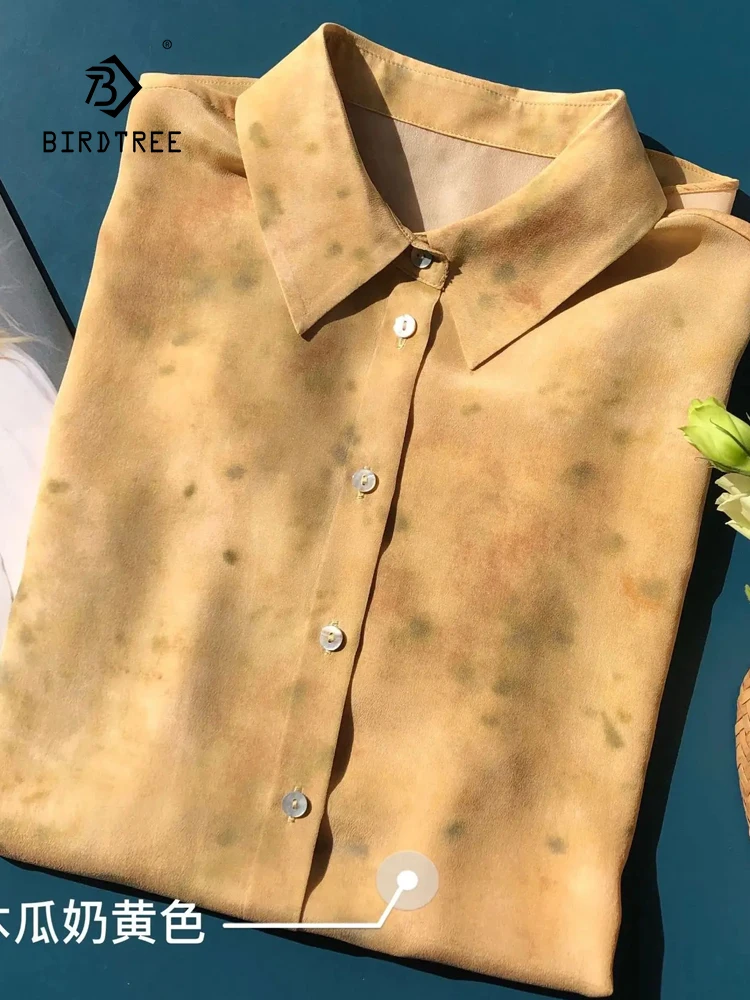 

BirdTree Women Sand Wash Lapel Print,Elegant Printed Blouses,18MM 100%Real Silk Shirt,2024 Spring Loose Gentle Top T41606QC