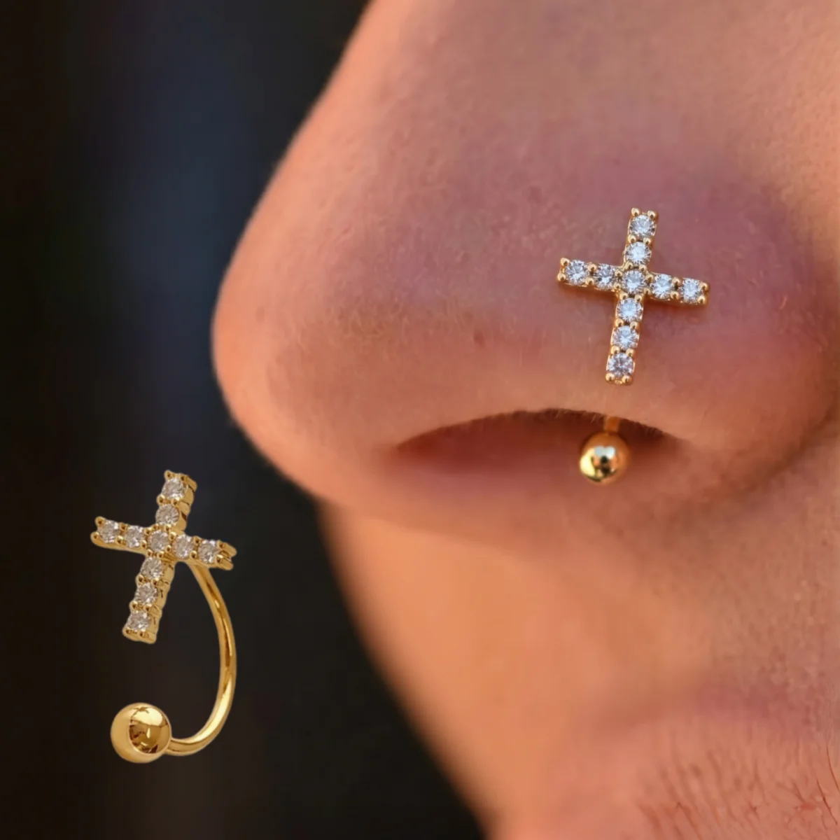 1-Pack Cool Sweet Cross Full Zircon C-Shaped Spiral Nose Stud Punk Streetwear Piercing Jewelry for Women