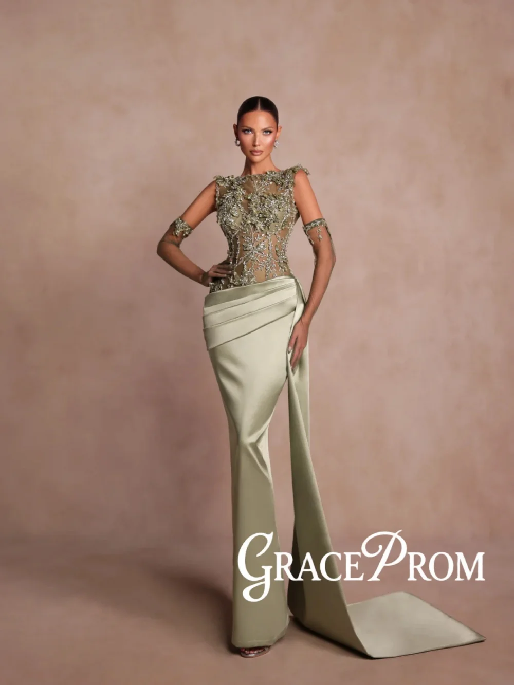 

Sage Stunning Crystal Evening Dress Without Gloves Opulent Satin Sheath Long Wedding Party Gown Customized Chic Red Carpet Gowns