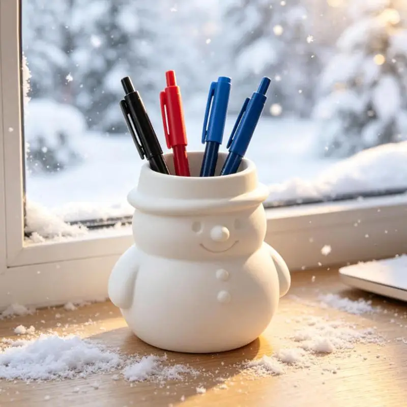 3D Printed Christmas Snowman Multifunctional Pen Holder, Holiday Desktop Decoration Ornament Perfect For Student Gifts
