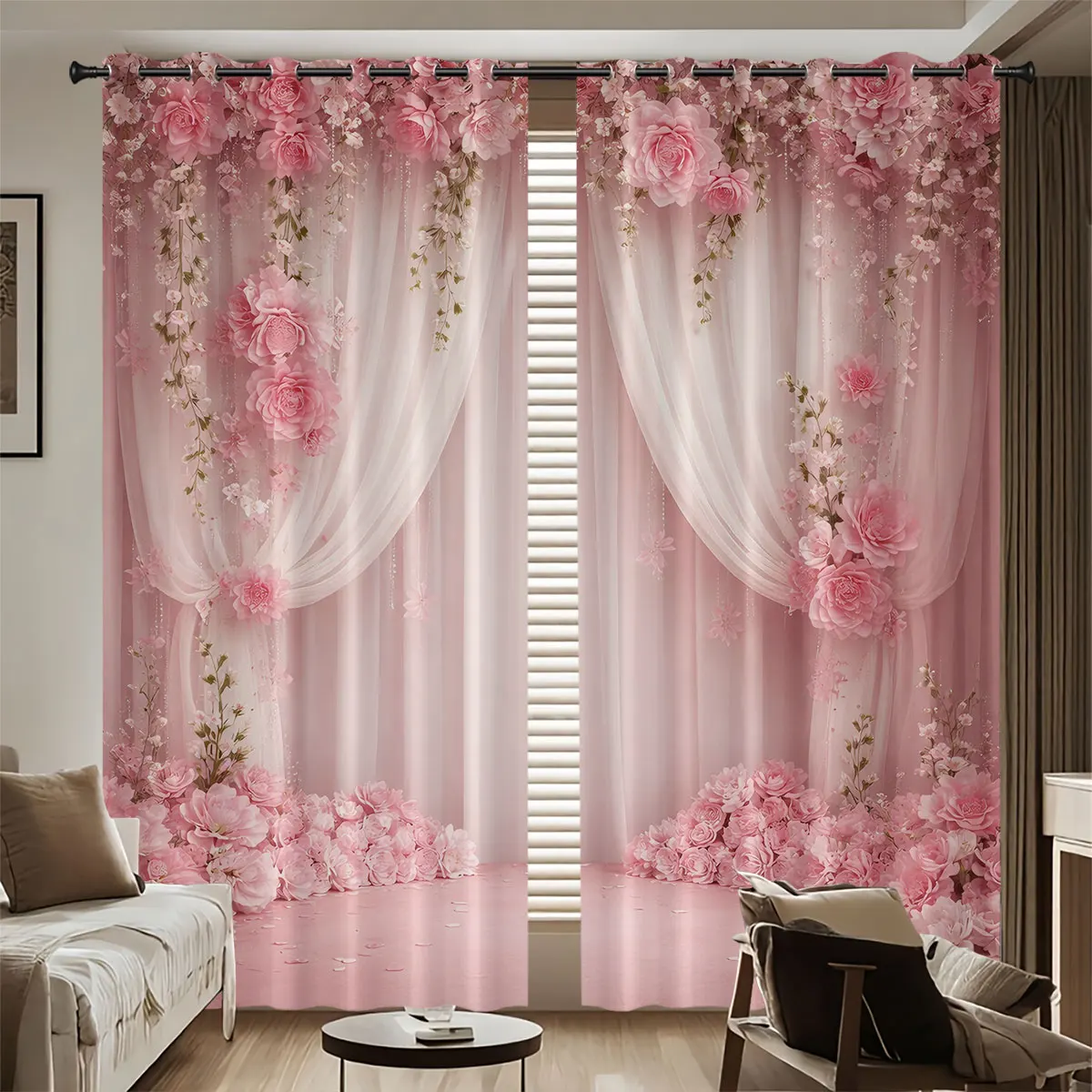 2 Stück Rosenblumen-Imitat-Siebdruck, perforierte Verdunkelungsvorhänge, mehrere Größen, Wohnzimmer, Schlafzimmer, Isolierung, Dekoration