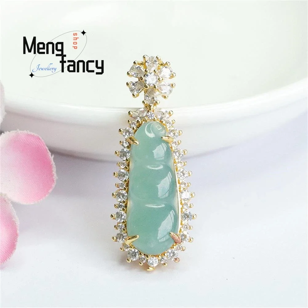 Natural A-goods Jadeite Icy Blue Water Four Season Beans Jade Pendant Exquisite Elegant Simple High-grade Couple Fashion Jewelry