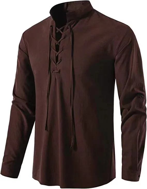 Heren piraat shirt Viking Retro Renaissance middeleeuwse gotische Victoriaanse Halloween kostuum casual katoen linnen Lace Up hippie shirts