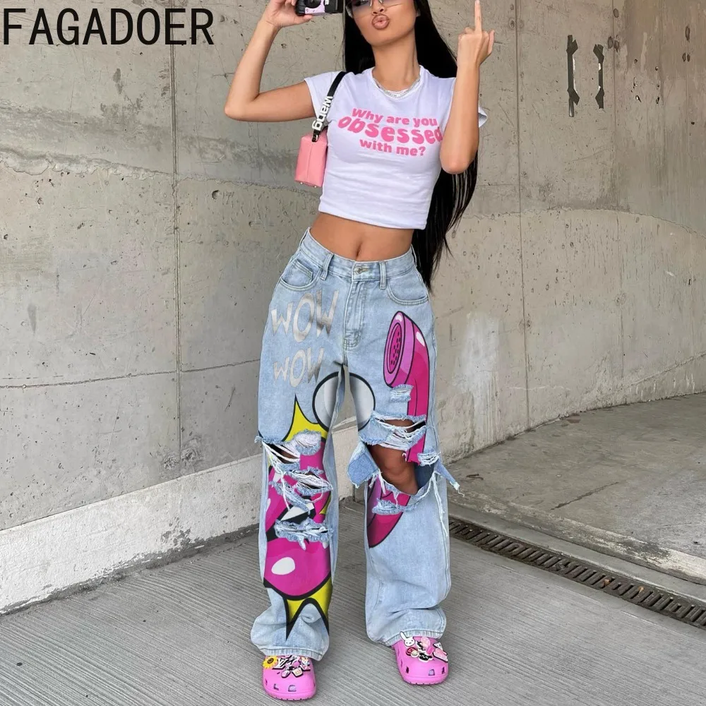 FAGADOER-pantalones de mezclilla con estampado de bolsillo para mujer, ropa de calle de moda Y2K, pantalones de pierna ancha con agujeros, pantalones de vaquero femeninos informales