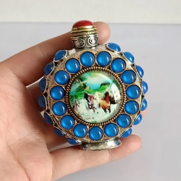 Miscellaneous Silver Collection Exquisite Snuff Bottle with Spoon Double sided Gem Collection Cigarette Exquisite Gift Real Shot