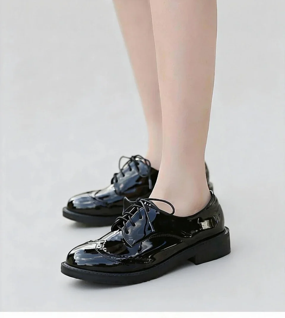 Damen Oxford Flats Brogue Leder Schwarze Büroschuhe Frühling Herbst Bequeme Außensohle Damen Ballett Derby Flats – Detail 13
