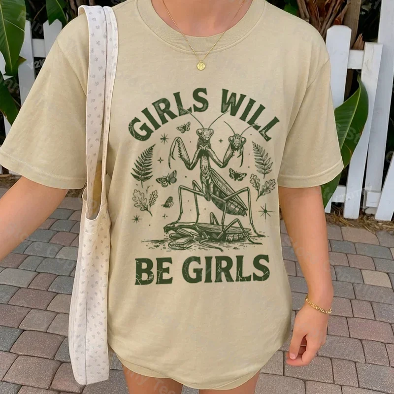 Girls Will Be Girls Funny Feminist T-Shirts for Women Retro Praying Mantis Graphic Tees Cottagecore Insect Tshirt Dark Humor Top