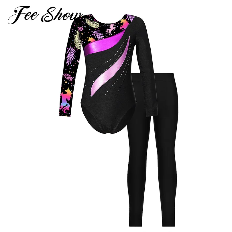 Girls Gymnastics Dance Outfits Ballet Bodysuit with Leggings Long Sleeve Shiny Rhinestones Printed Leotards for Dance Costumes