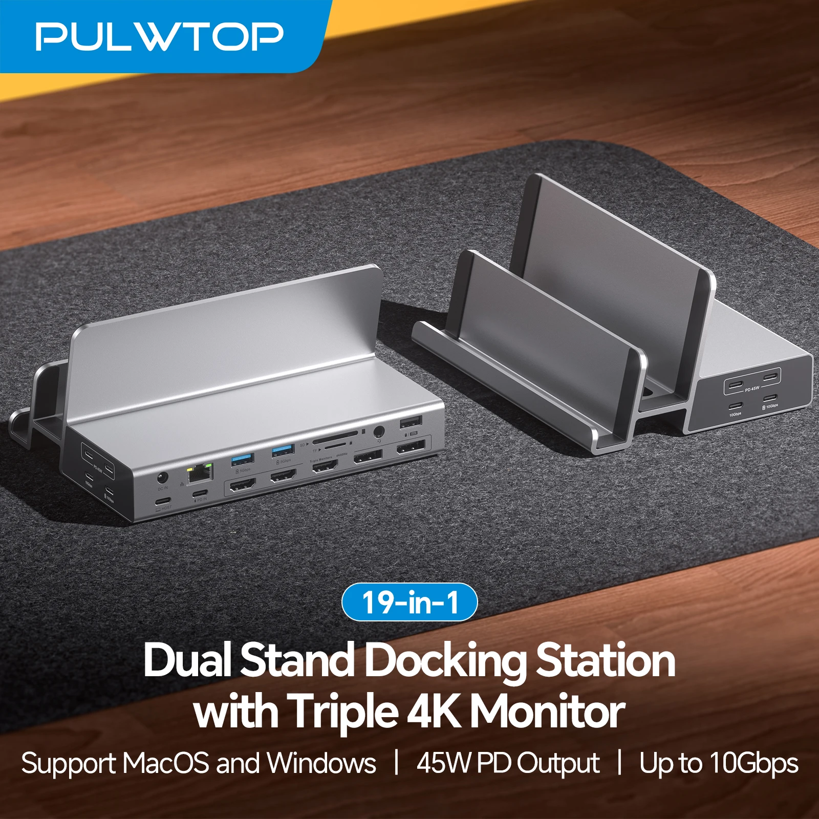 

Док-станция PULWTOP для трех мониторов для ноутбуков, с 3 HDMI, 2 DP, 45W PD, 5 USB для MacBook/Windows (требуется драйвер)