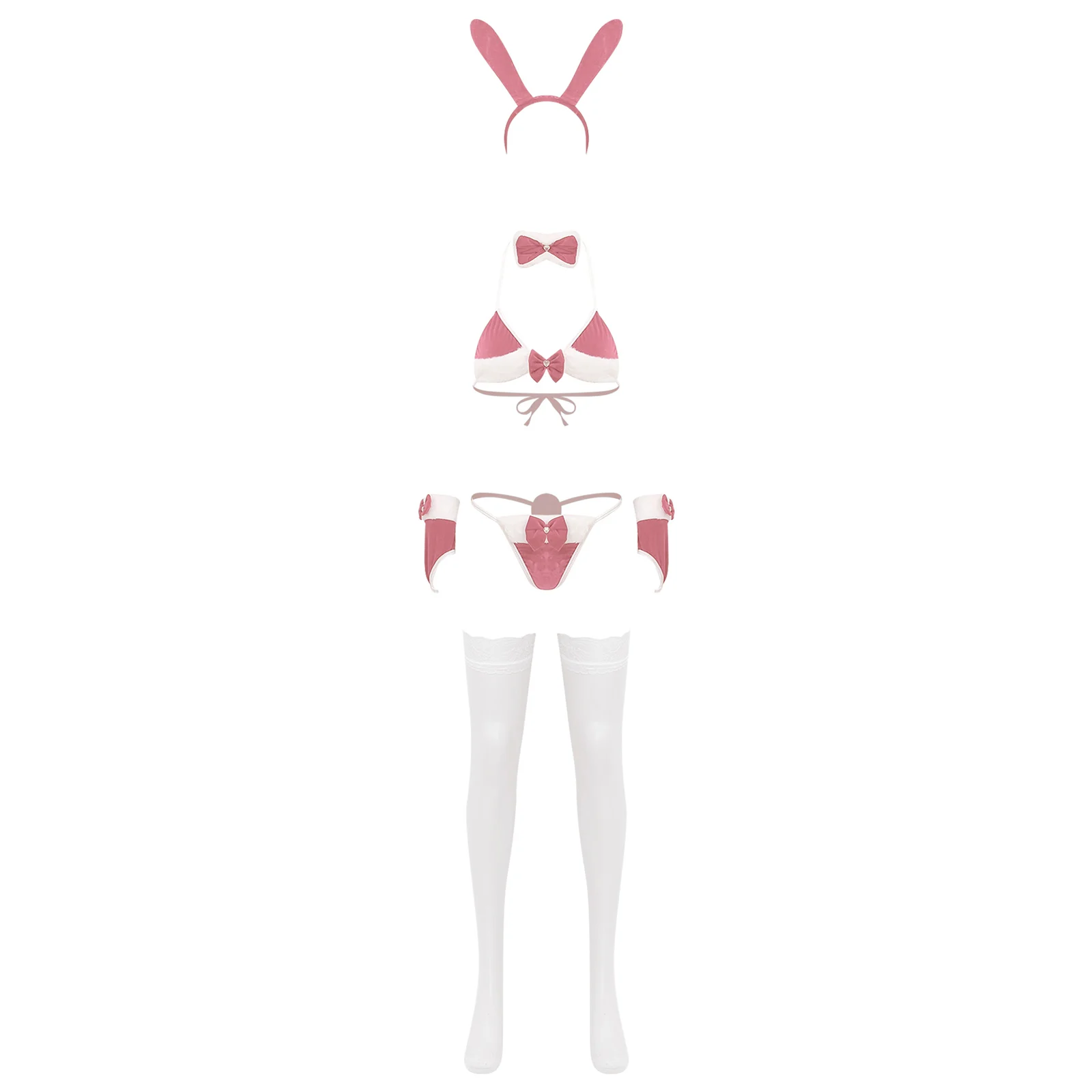 

Sexy Womens Bunny Christmas Role Play Lingerie Set Unlined Bra T-back Thong Headwear Necklace Gloves And Stockings 6-Piece Suit