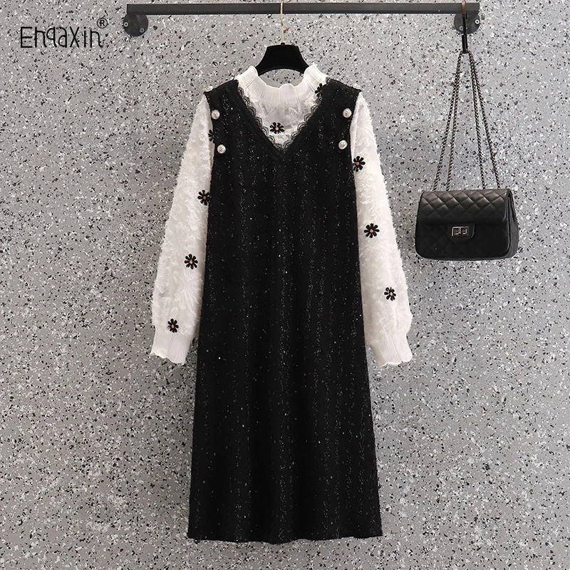 

EHQAXIN 2022 Fall Womens Dresses Elegant Ladies Button Printing Lace Stitching Mid-Length Sequin Pullover Dress L-4XL