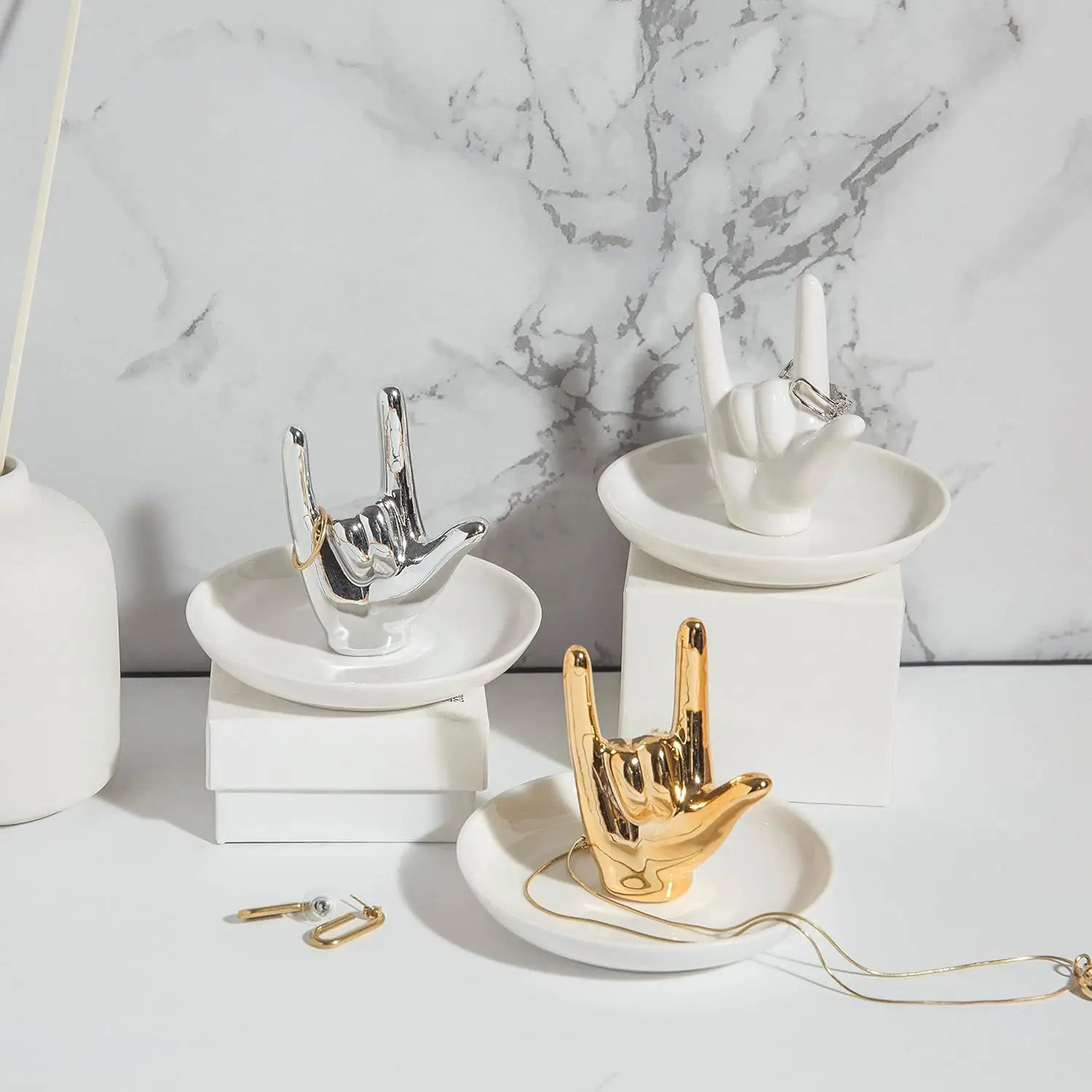 10cm Ceramic Gesture Ring Stand, Jewelry Plate Display Stand, Light Luxury Dressing Table Storage Tray
