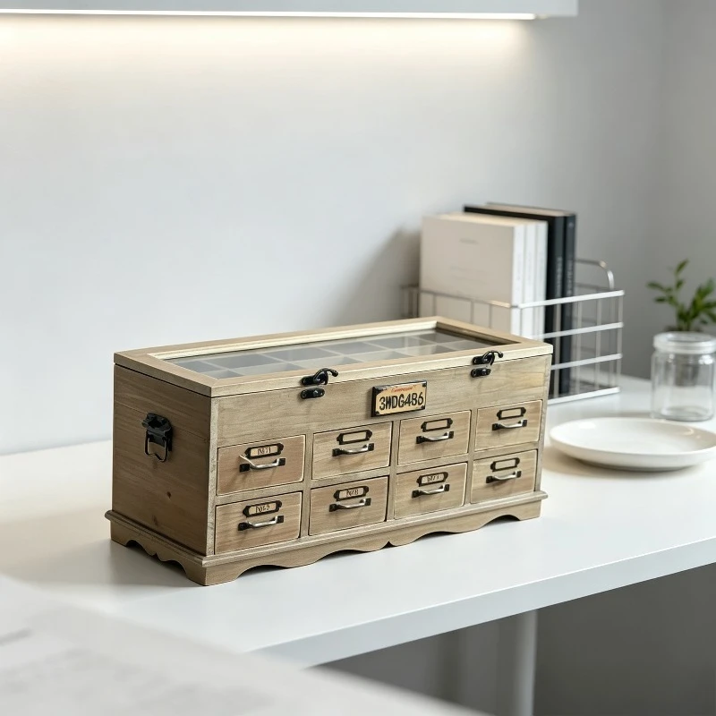 German Country Retro Solid Wood Glass Treasure Cabinet 8 Drawers 12 Grid Jewelry Storage Chest Home Collectible Display Unit