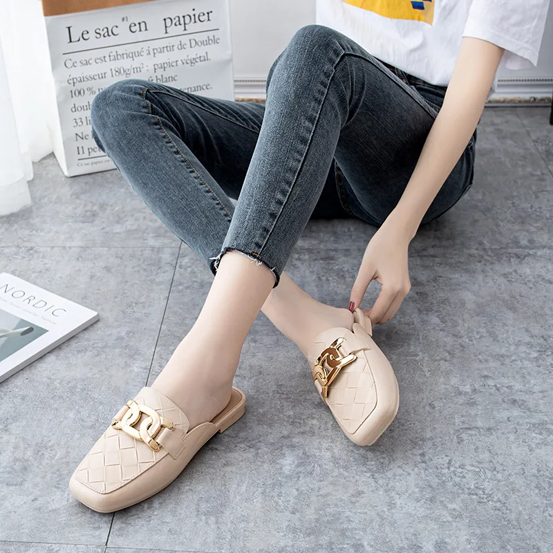 Women Baotou half slippers Summer Lightweight Soft Soled Muller Square Toe Fashion Plaid Metal Buckle Women Non Slip Slippers