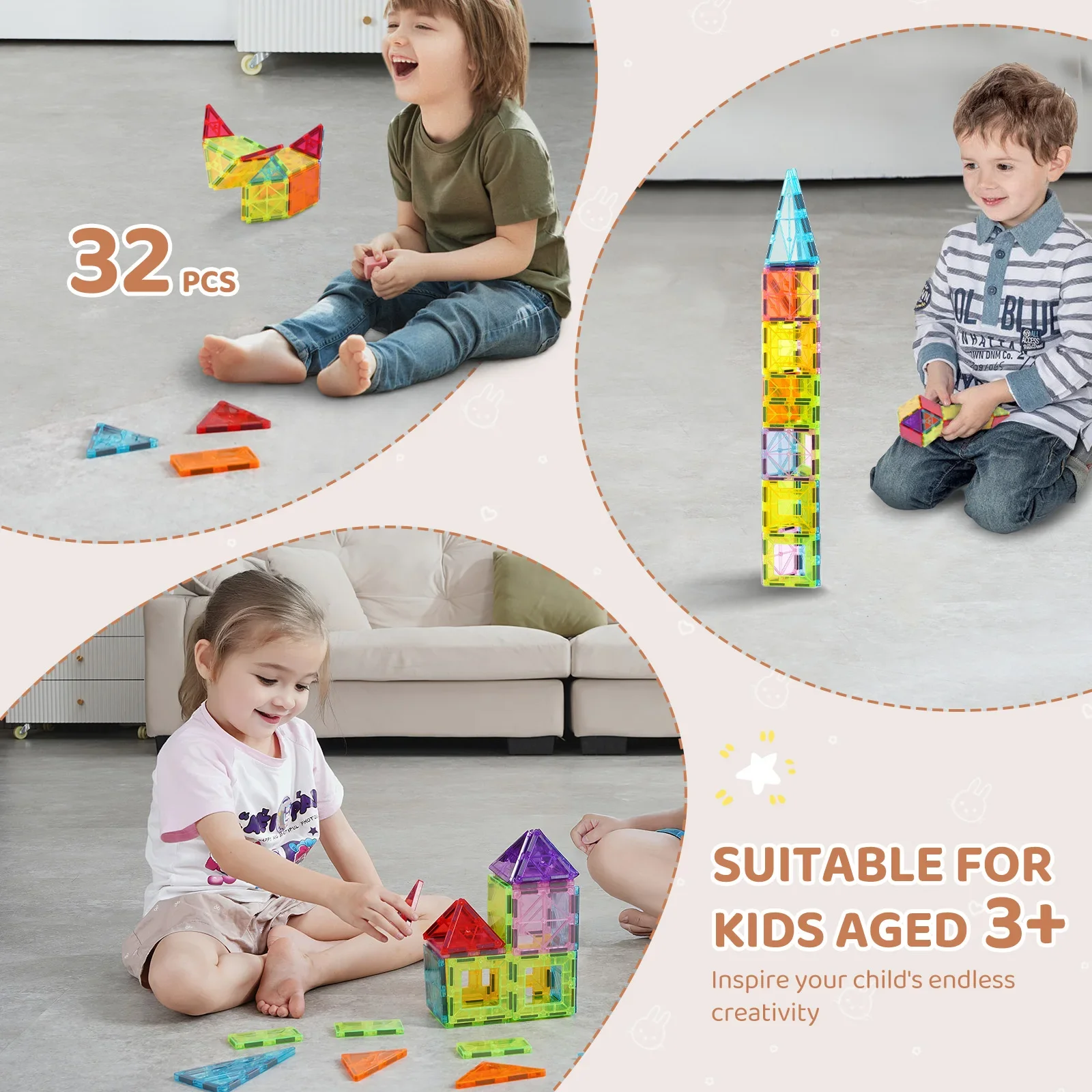 32-teiliges leichtes Fliesenblock-Set, Magnet, Bildung, STEM, sensorisches Stapelspielzeug, geeignet als Geschenk für Kleinkinder, Jungen und Mädchen