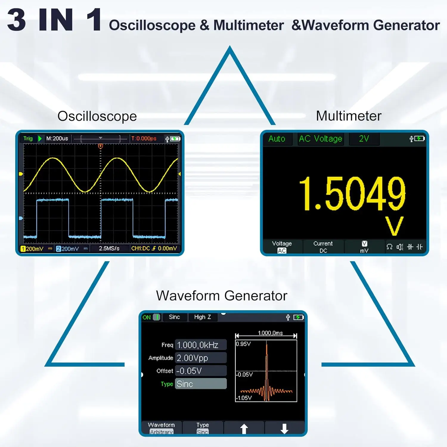 3 in 1 Handheld Oscilloscope Multimeter 100Mhz Waveform Generator Oscilloscope with 2 Channels 3.5