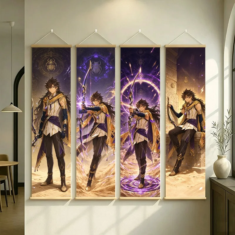 Hanging Scroll Wall Art of Genshin Impact Sethos with Gold and Violet Glow on Silver Shimmer Canvas for an Anime Bedroom