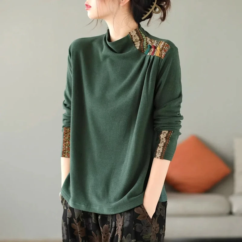 Vintage Print Pullovers Top Spring Autumn Long Sleeve Patchwork Loose All-match Casual T Shirts Fashion Harajuku Women Clothing