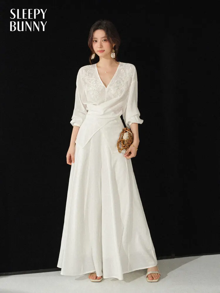 

V Neck Embroidered Blouse and Wide Leg Pants Set Women Elegant Two Piece Outfit Tie Front Shirt Loose Palazzo Trousers Chic Set