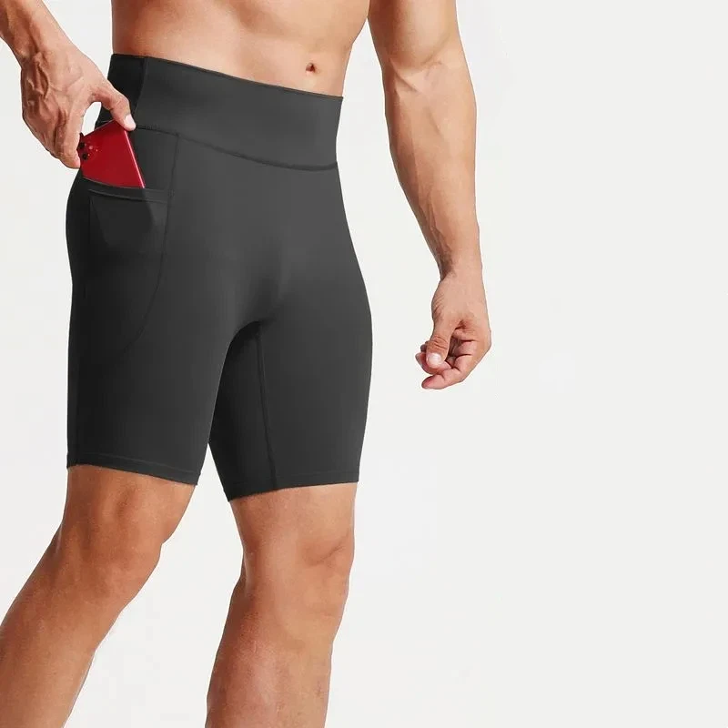 Men's High Waist Compression Shorts Quick Dry Elastic Workout Tights with Pocket for Running Gym