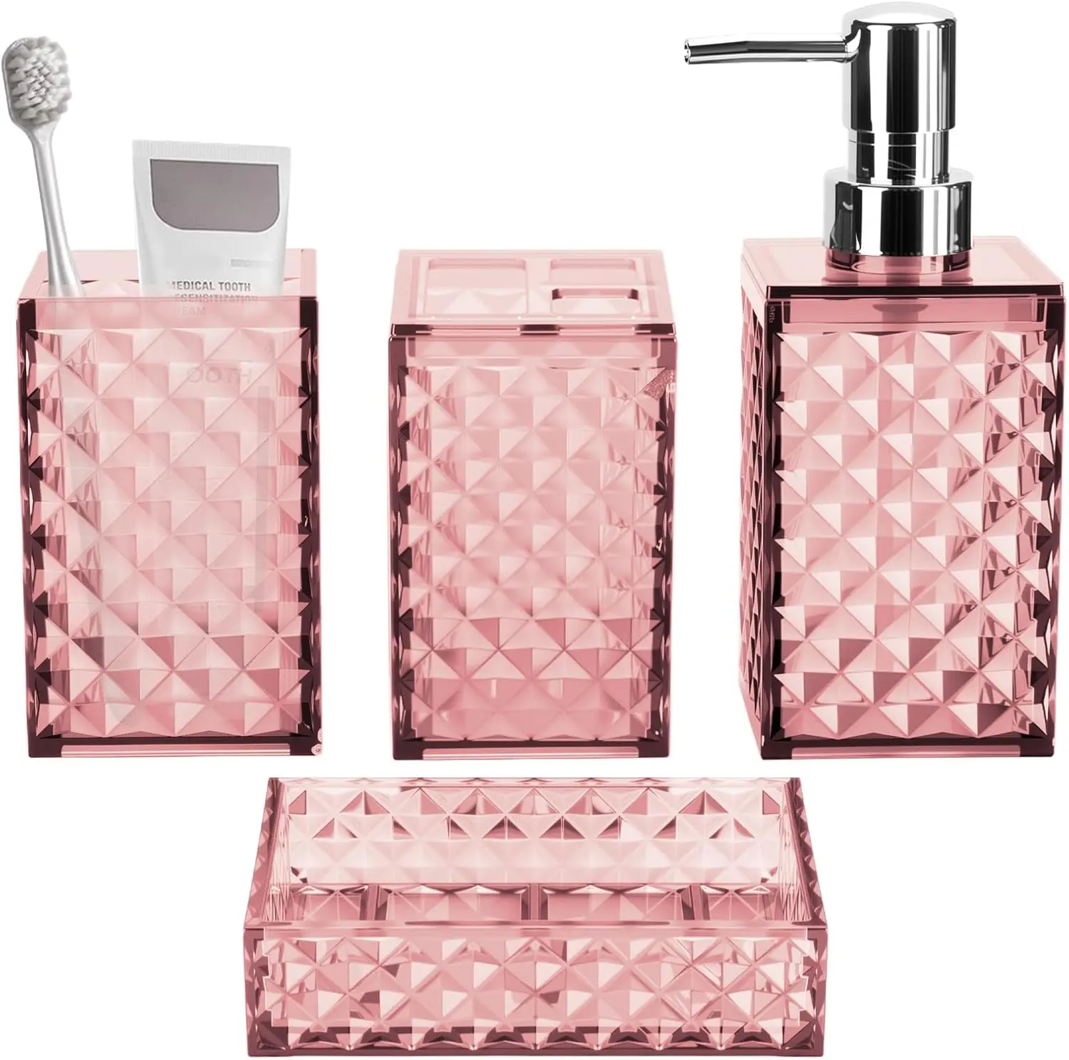 

4-Piece Grid Pattern Bathroom Accessory Set with Soap Dispenser, Toothbrush Holder, Cup, and Soap Dish for Modern Home Decor