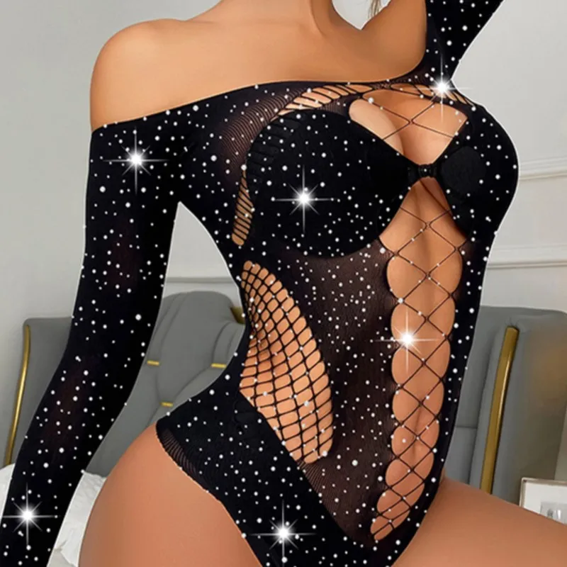 Seksowna przezroczysta odzież błyszczące dżetów Hollow Club seksowne body kabaretki z długim rękawem Backless Slim Club Party Body pajacyki — zdjęcie 4
