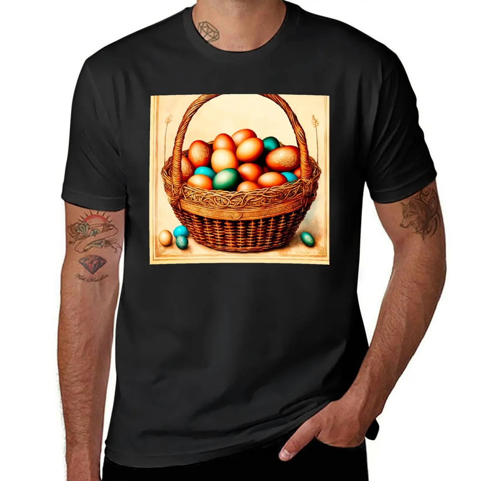 Easter basket with colorful eggs in the style of an old postcard. Vintage festive design in a nostalgic antique style. T-Shirt