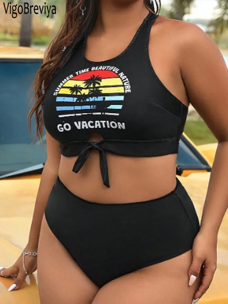 VigoBreviya 2025 Black Sleeveless 2 Piece Plus Size Bikini Women High Waist Curvy Swimsuit Hollow Beach Lady Big Bathing Suit