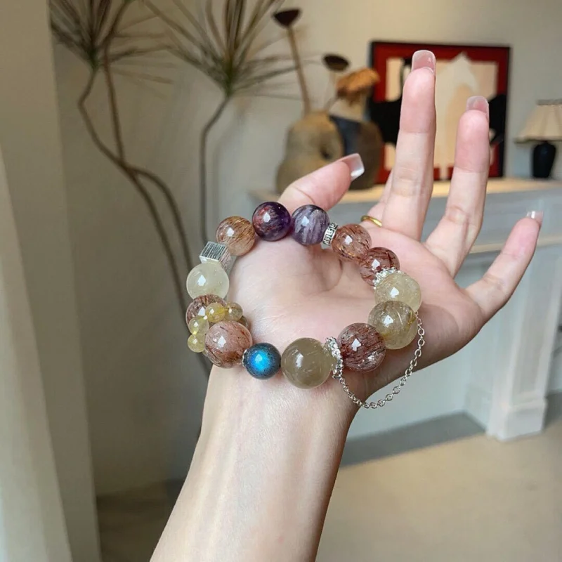Natural Purple Phantom Moonstone Black Gold Yellow Bracelet Design Large Beads