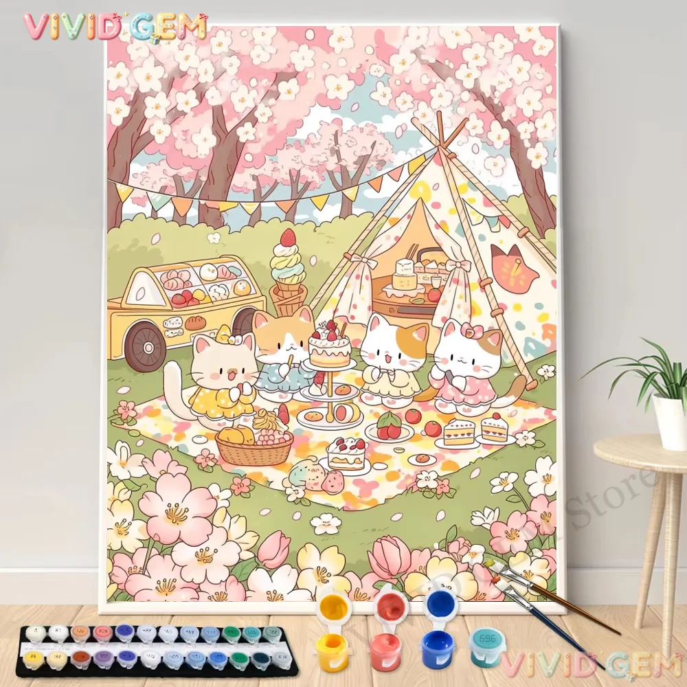 VIVID GEM Sanrio Voll-Diamant-Malerei Sanrio Friends Kirschblüten-Garten 5D DIY Mosaik Wandkunst Geschenk