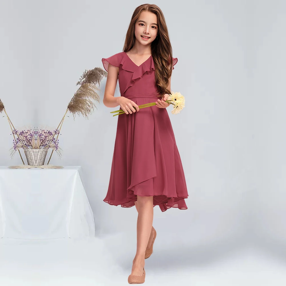 A-line V-Neck Asymmetrical Chiffon Junior Bridesmaid Dresses Cinnamon Rose Flower Girl Dress Summer Flower Girl Cute Dress