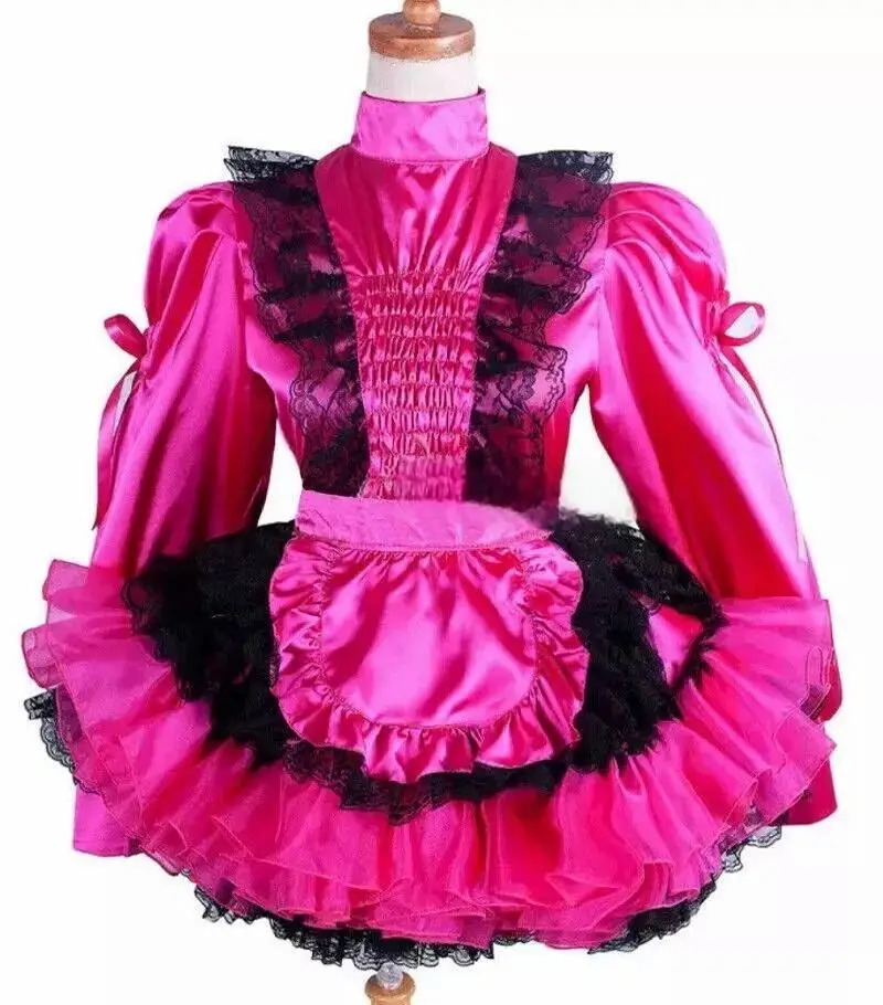 

Sexy girl Sissy dazzling magenta satin long sleeved fluffy lockable dress maid cosplay costume Halloween party customizable