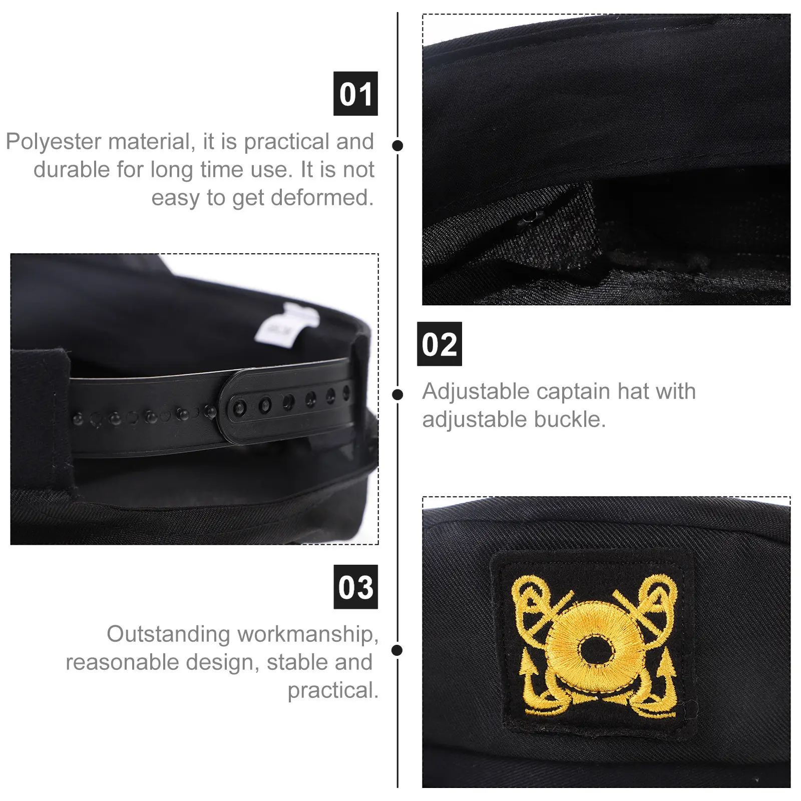 Black Captain Hat Polyester Material Curved Brim Uv Protection Outdoor Travel Casual Party Boating Costume Accessory