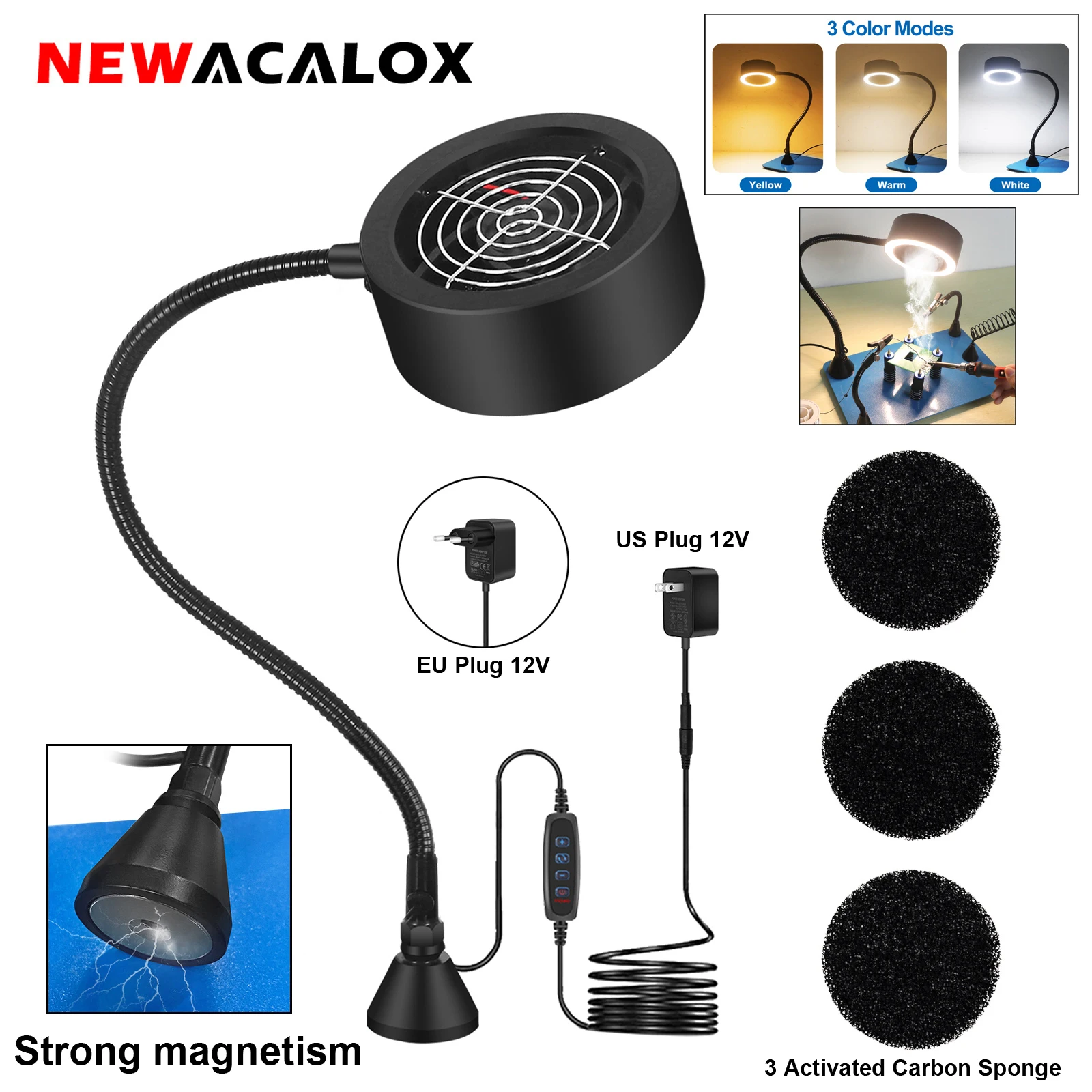 NEWACALOX Welding Smoke Exhaust Fan with 3 Activated Carbon Sponge Soldering Smoking Instrument for Sodlering Purified Air