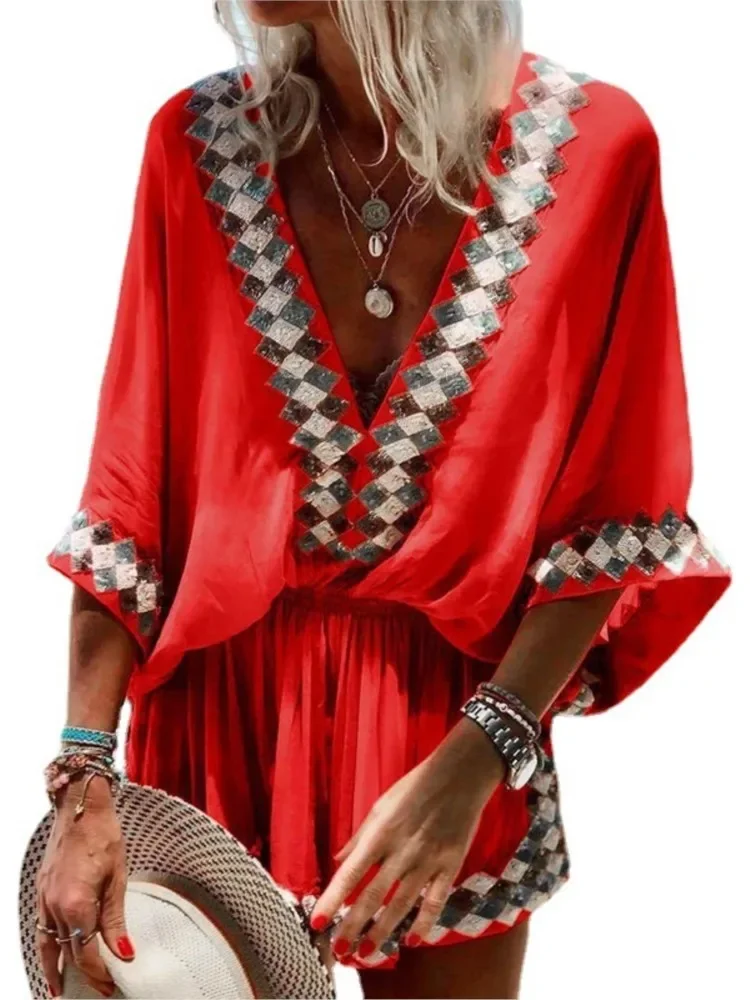 Estilo boêmio macacões feminino sexy com decote em v dolman manga impresso casual macacão shorts primavera verão nova praia férias femme